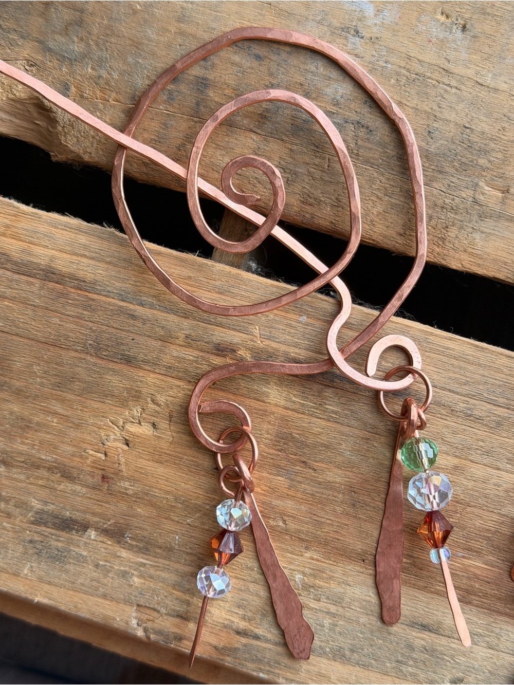 Copper Spiral Hair Stick with Crystal Beads - Copper